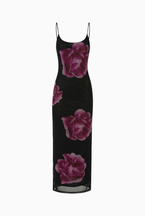 Robe longue noire à imprimé roses fuchsia