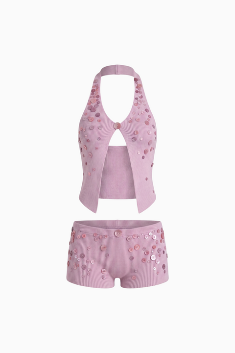 Ensemble short et haut dos nu en maille embellie