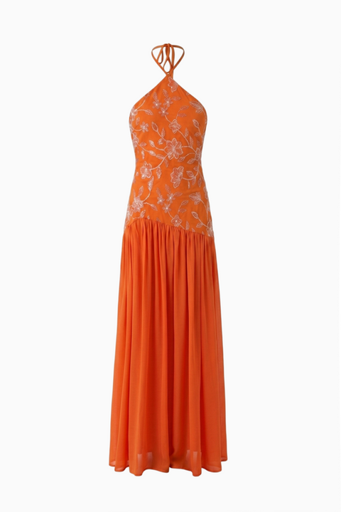 Robe longue fluide en mousseline orange