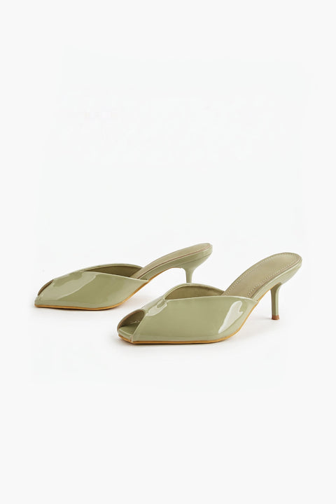Green Patent Peep-Toe Kitten Heel Sandals