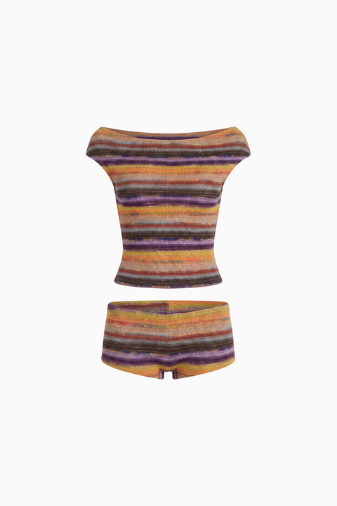 Ensemble deux pièces tricoté à rayures multicolores
