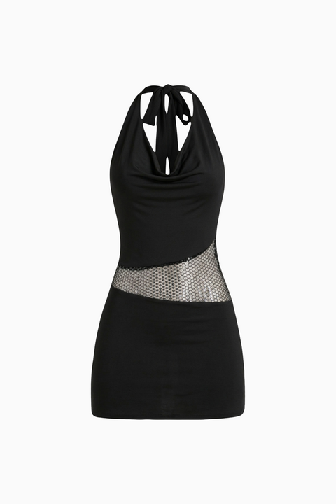Schwarzes Neckholder-Mini-Bodycon-Kleid mit Mesh-Cut-Outs