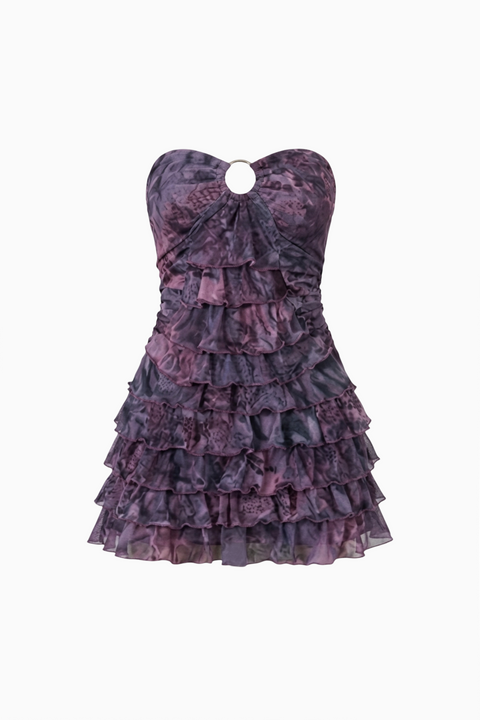 Violett geblümtes, schulterfreies Mini-Kleid mit Rüschen