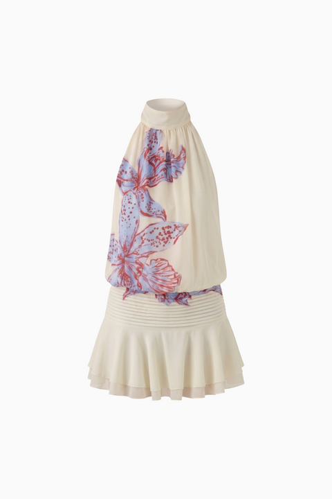 Cream Floral Halter Drop Waist Mini Dress