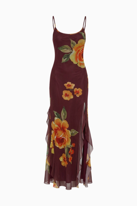 Burgunderfarbenes, florales Maxi-Satin-Kleid mit Schlitz