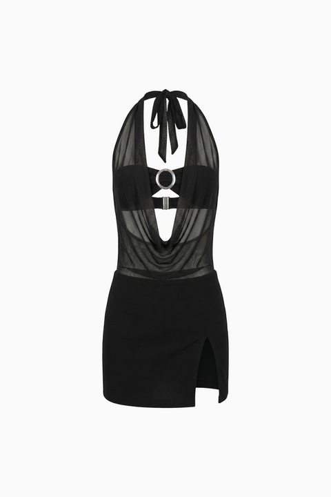 Mini-robe licou noire transparente à empiècements et anneau
