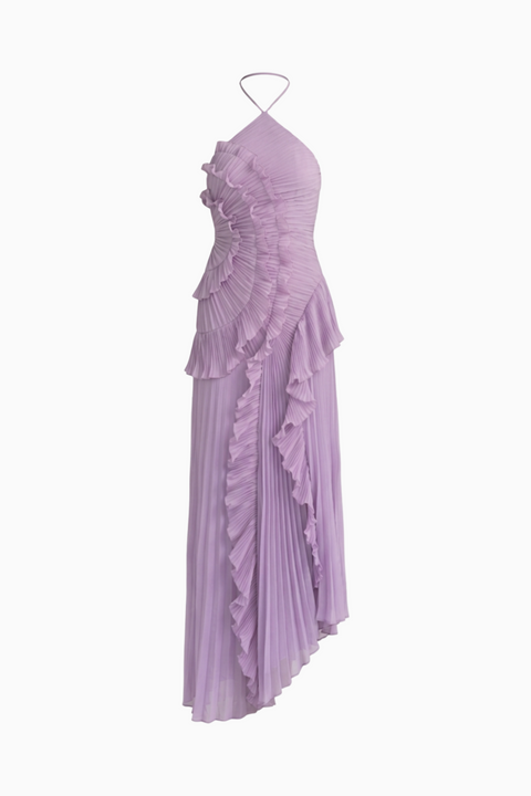 Robe longue plissée à volants lilas