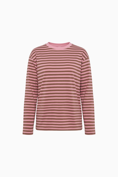 Pink and Brown Striped Long-Sleeve Crewneck Top