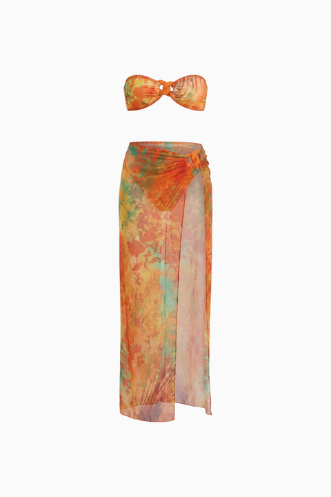 Biquíni de três peças com top cai-cai transparente e estampado floral ao pôr do sol
