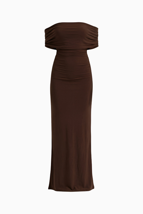 Robe longue coupe colonne marron à épaules dénudées