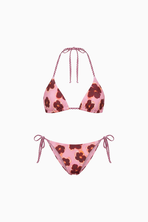 Bikini floreale a triangolo con bordo a quadretti Vichy