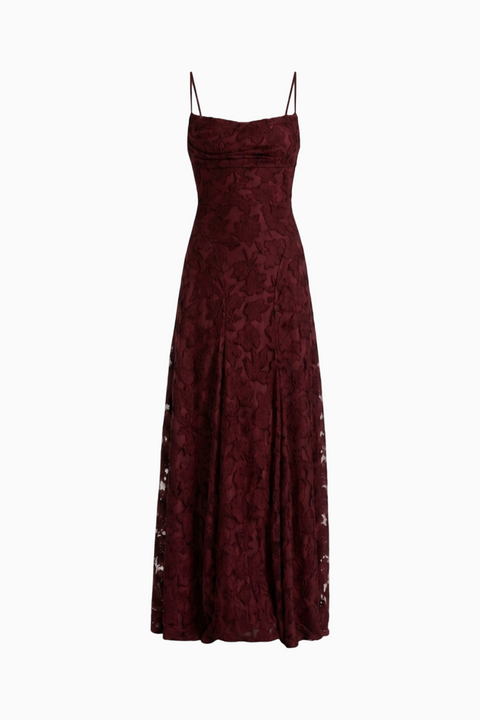 Bordeauxrotes, langes Säulenkleid