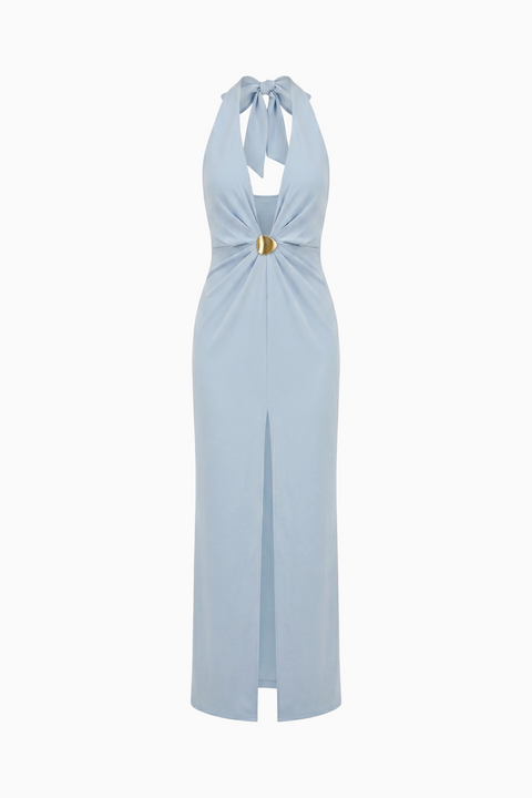 Hellblaues Maxikleid mit Neckholder-Ausschnitt und Beinschlitz vorne