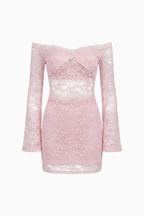 Mini-robe à manches longues en dentelle blush avec découpes