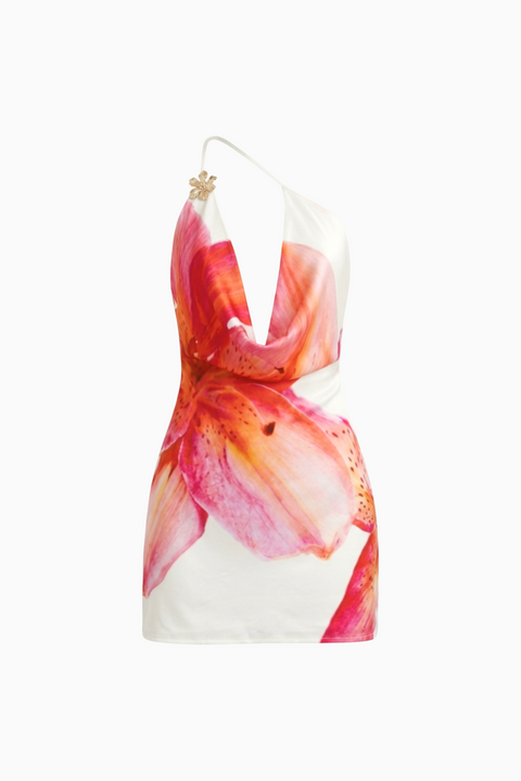Miniabito rosa a fiori con scollo a cappuccio