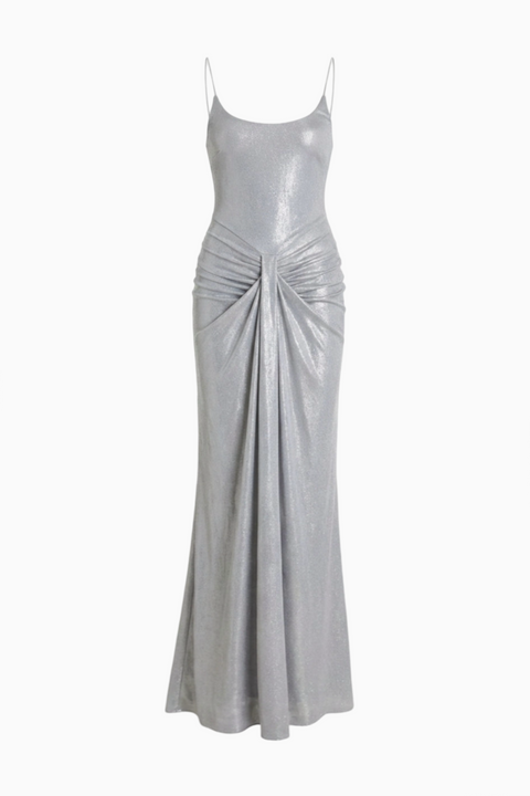 Robe longue en satin argenté