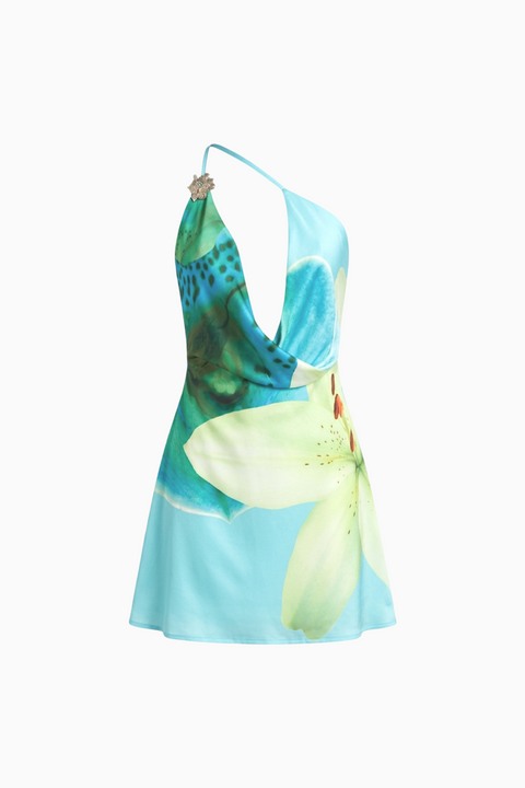 Mini-robe à col bénitier et imprimé floral turquoise