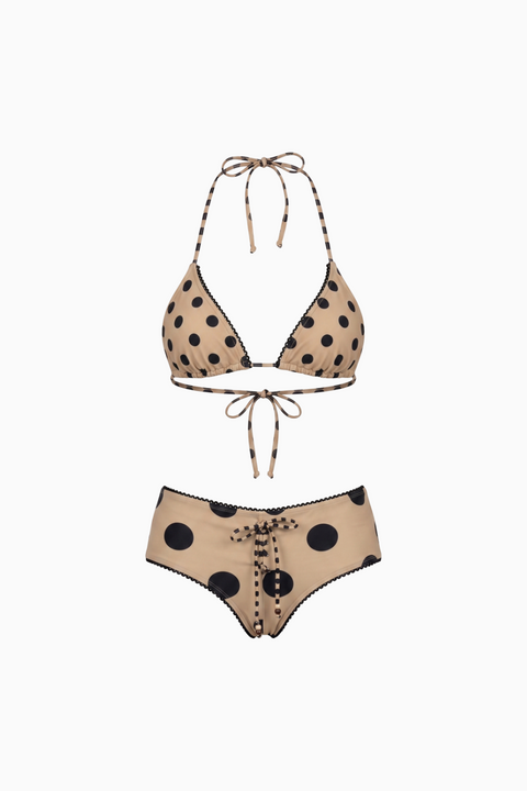 Bikini beige a pois con top a triangolo e shorts con lacci