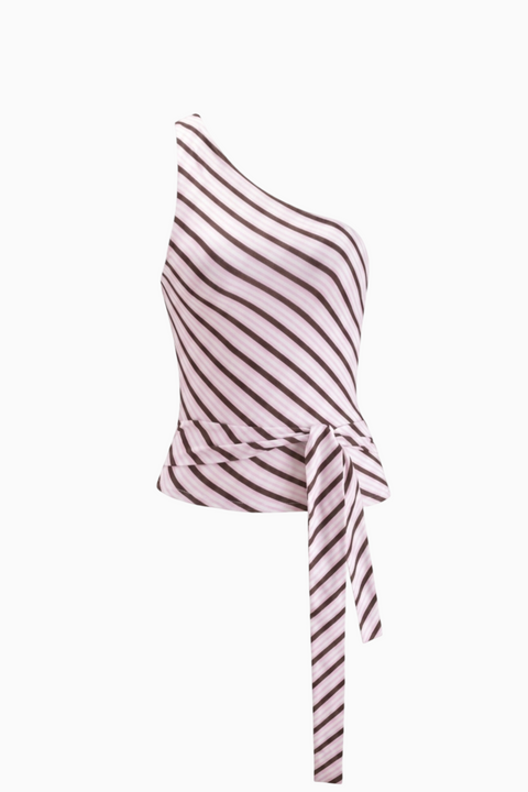 Top de um ombro só com riscas diagonais e cintura com atilho