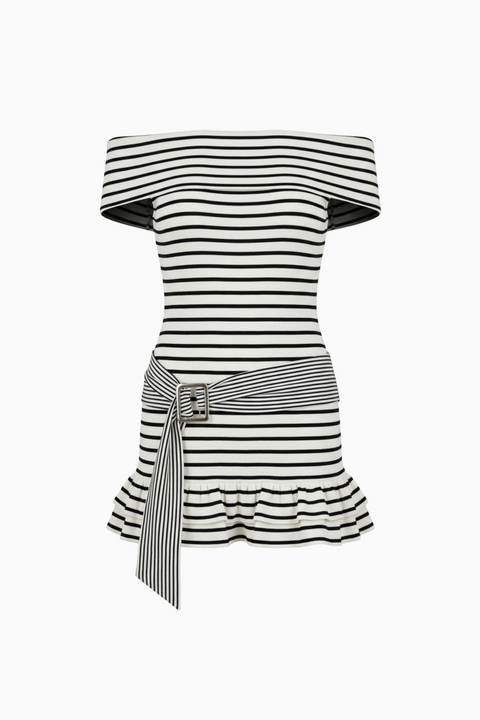 Schwarz-weiß gestreiftes, schulterfreies Minikleid