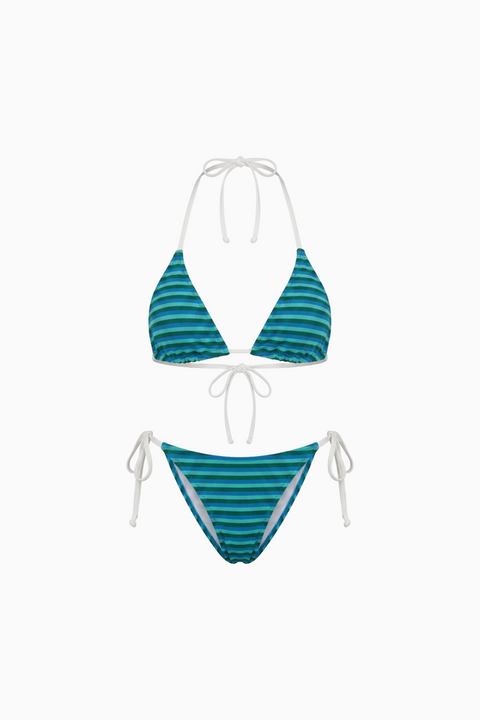 Bikini dos nu à cordons rayé bleu sarcelle avec liens blancs