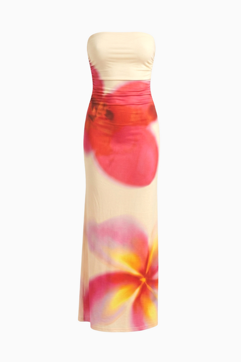 Maxikleid mit durchgehendem Blumenmuster in Creme & Rot mit Raffungen