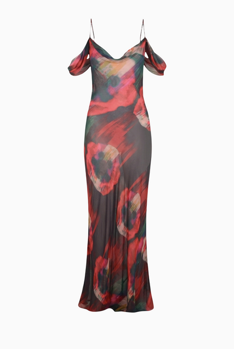 Robe longue ajustée à motif floral riche et sombre