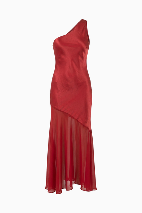Robe longue ajustée en satin rouge vif