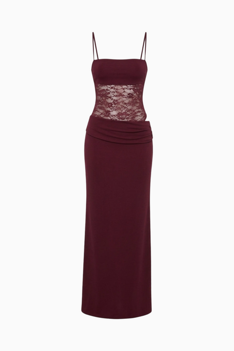 Robe longue en dentelle bordeaux