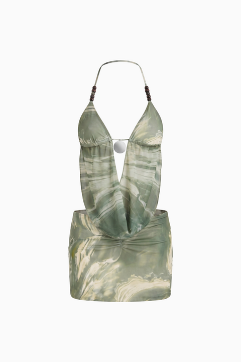 Ensemble haut dos nu et mini-jupe à imprimé marbre vert