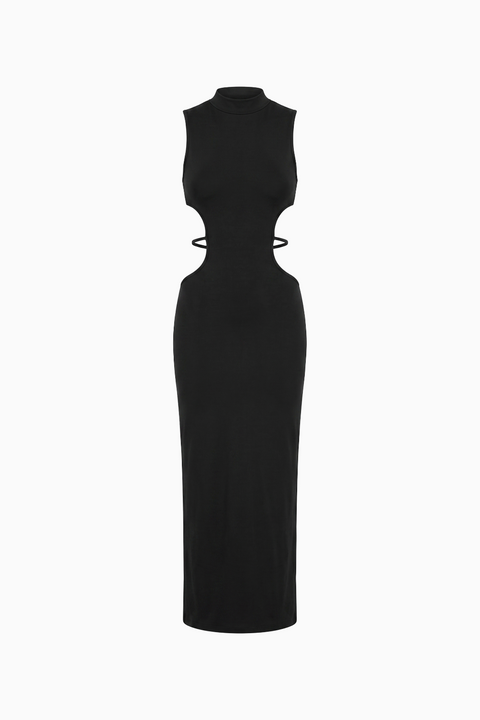 Robe longue noire à dos nu à brides
