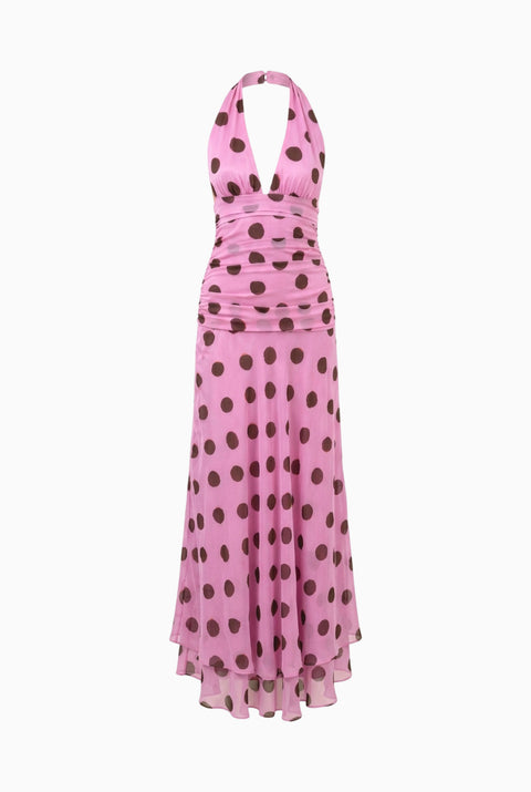 Robe longue rose à pois et dos nu