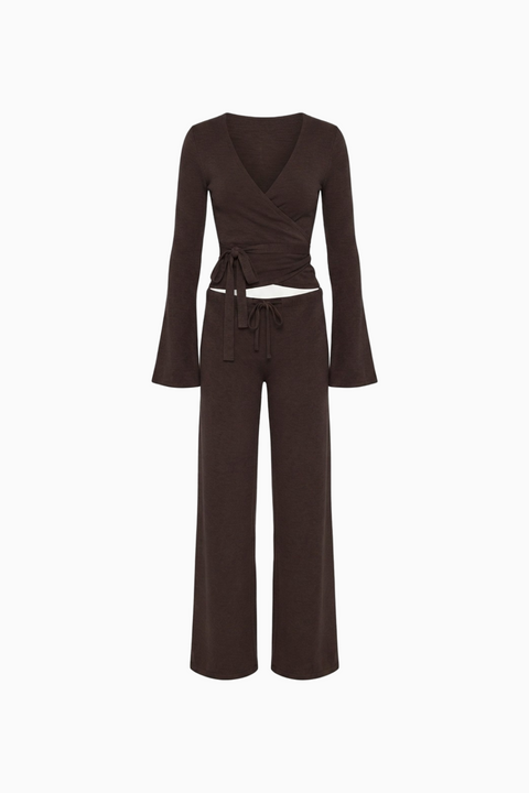 Ensemble décontracté crop top cache-cœur côtelé et pantalon large
