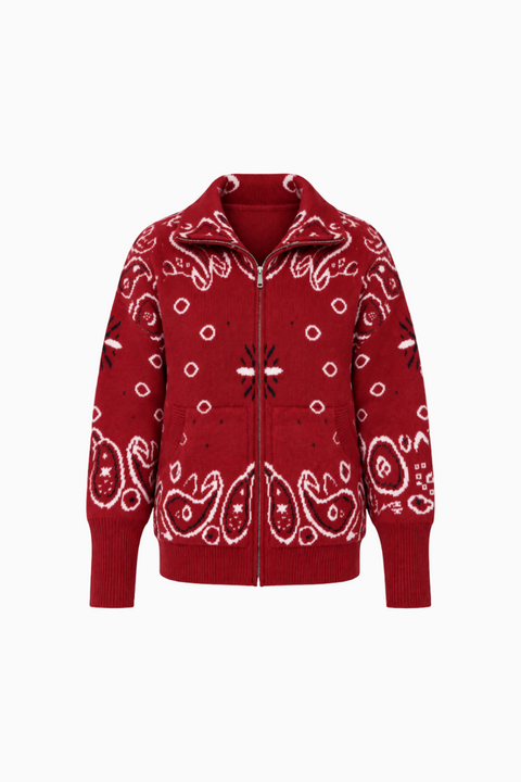 Paisley Motif Stand-Collar Cardigan