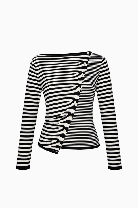 Diagonal Button-Front Striped Top