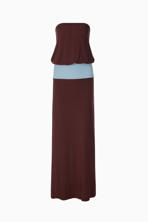 Robe longue tube marron à bande bleue