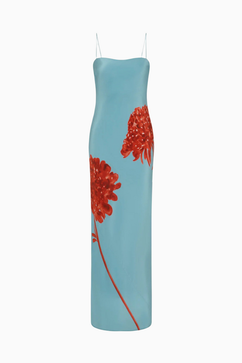 Robe longue en satin bleu clair à motif floral
