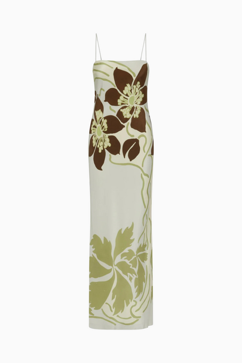 Robe longue à bretelles fines imprimé botanique