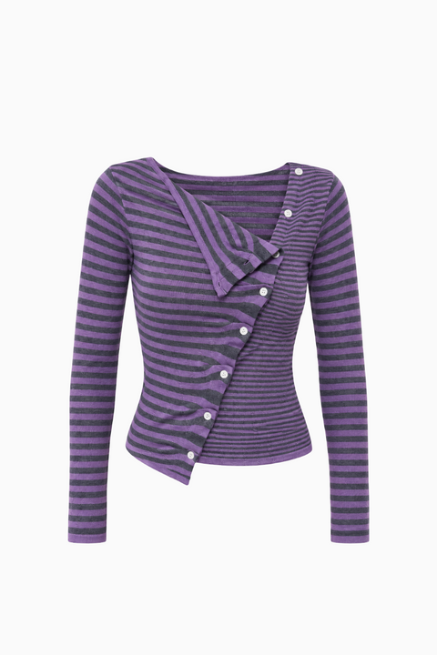 Diagonal Button-Front Striped Top
