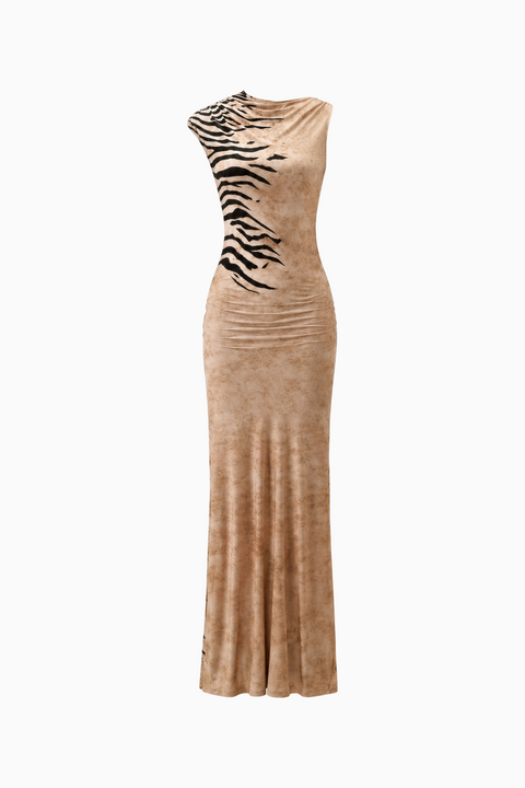 Vestido comprido sem mangas com franzidos e estampado de tigre