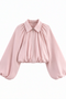 Collared Zip-Front Ruched Crop Jacket with Balloon Sleeves