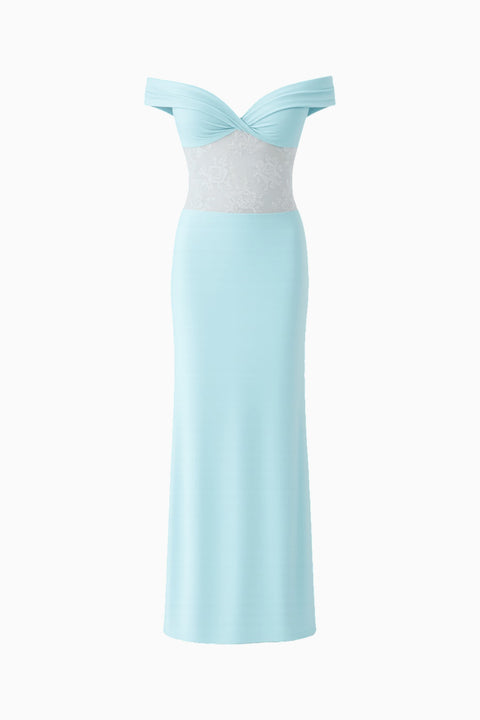 Eisblaues schulterfreies Maxikleid