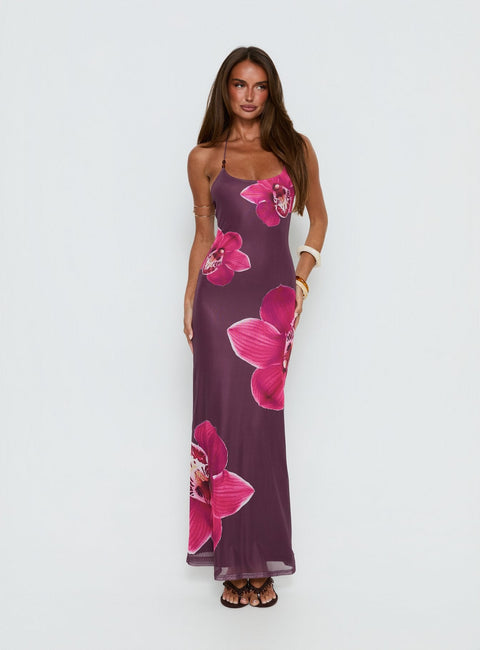 Violett-orchideenfarbenes Perlen-Maxikleid mit Neckholder