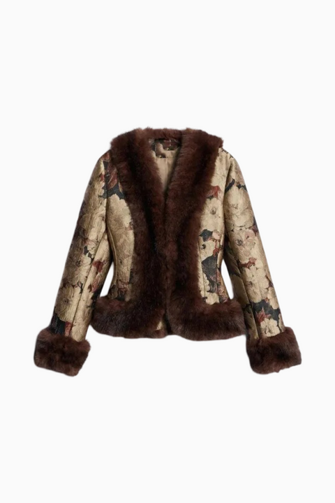 Tapestry Print Coat with Faux Fur