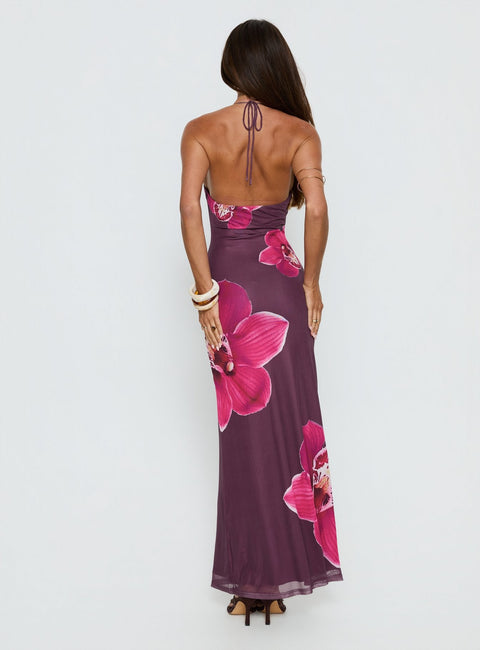 Violett-orchideenfarbenes Perlen-Maxikleid mit Neckholder