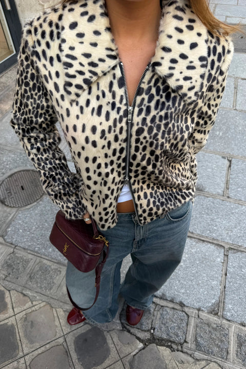 Faux Fur Leopard Print Zip-Up Jacket