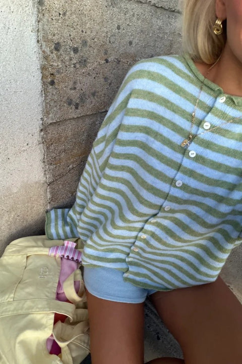 Cozy striped cashmere-blend cardigan, pink and gray