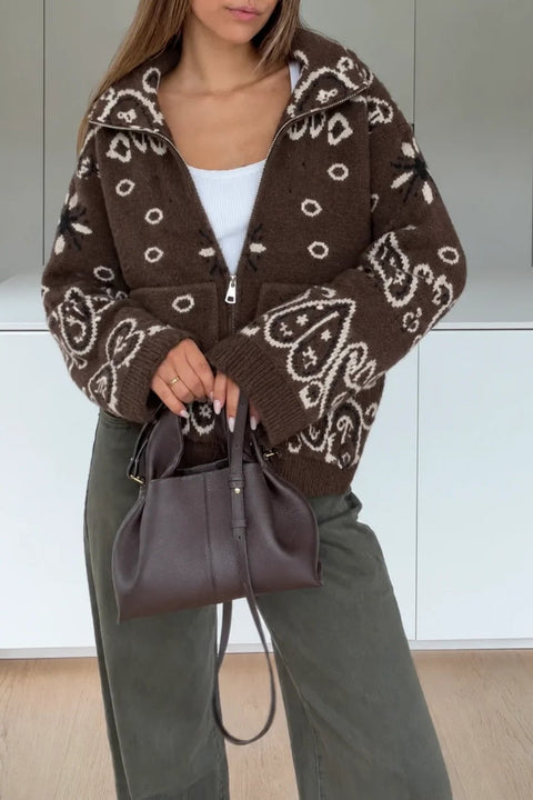 Paisley Motif Stand-Collar Cardigan