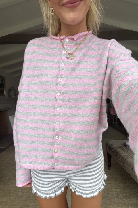 Cozy striped cashmere-blend cardigan, pink and gray