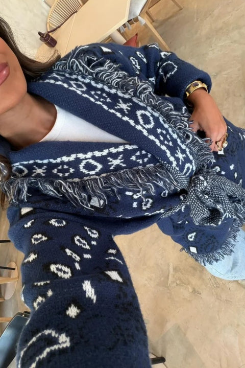 Cardigan con stampa western e cintura da annodare in vita